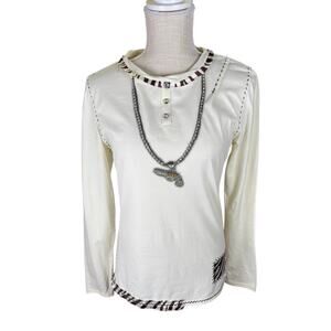 Double D Ranch Long Sleeve Tee Novelty Necklace Women's Medium Rhinestones Cream